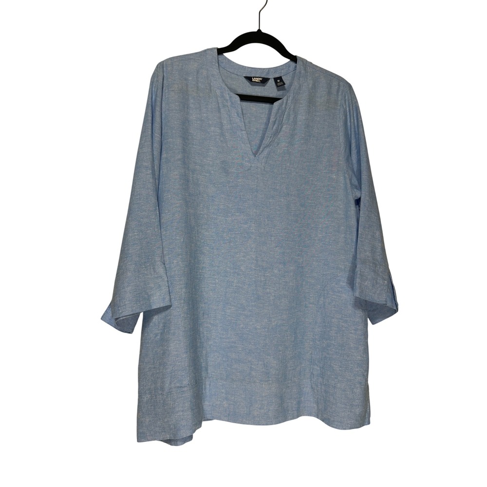 Lands End Womens Blue Linen Blend V-Neck Tunic Top 3/4 Sleeve Size M